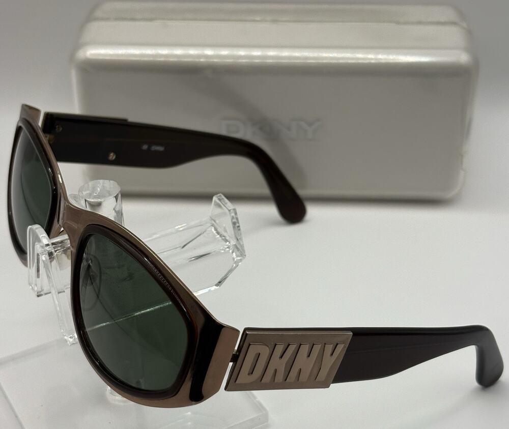 DKNY Westwood K01013 Sunglasses Brown Wrap Frame Green Lens Women’s Retro